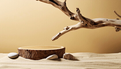 Decoration Wooden podium with sand, stones and tree branch on beige background