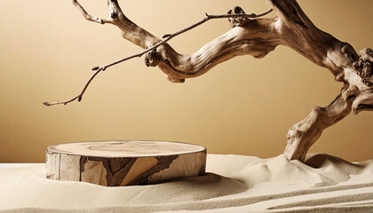 Decoration Wooden podium with sand, stones and tree branch on beige background