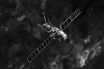 A black and white photo of a space station, perfect for science or technology projects - obrazy, fototapety, plakaty