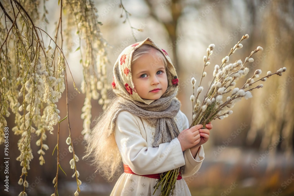 Wall mural Palm Sunday. Christianity. Portrait of a three-year-old girl in a Russian folk shawl with willow branches in her hands on a background of a flowering willow.