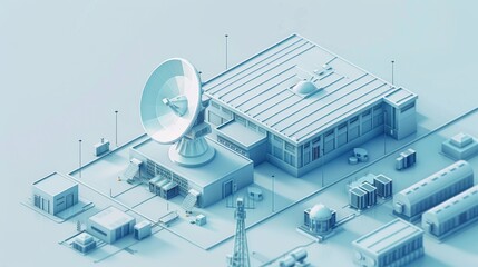 Internet Infrastructure: A 3D vector illustration of a data center building with a large satellite dish on the roof