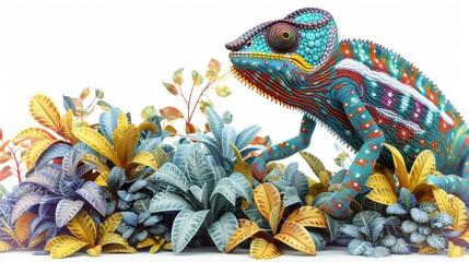 A colorful chameleon is walking through a lush green plant
