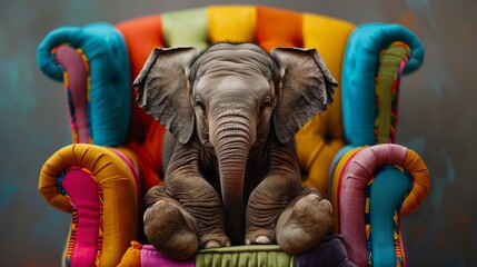 Cute elephant sited on colorful armchair - obrazy, fototapety, plakaty