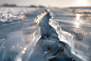 Discover the Tranquil Beauty of Frozen Nature: Ice Cracks on a Lake, Captured from a Cross-Section with Cold Light and Clear Ice