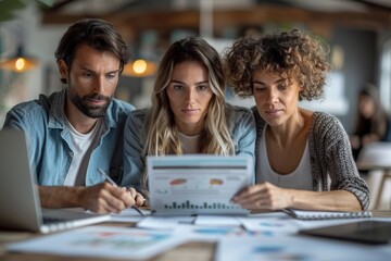 A focused group of three professionals are collaboratively reviewing and analyzing data at a table in a modern office space