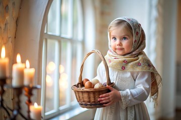 Happy bright Easter. Christianity. Portrait of a three-year-old girl in a Russian folk dress and shawl with a wicker basket with Easter eggs in her hands against the background of an Orthodox church.