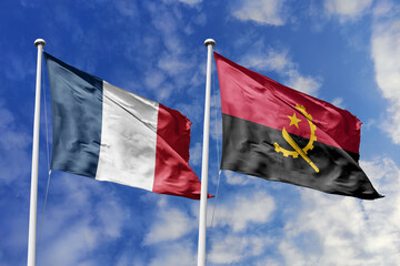 3d illustration. France and Angola Flag waving in sky. High detailed waving flag. 3D render. Waving...