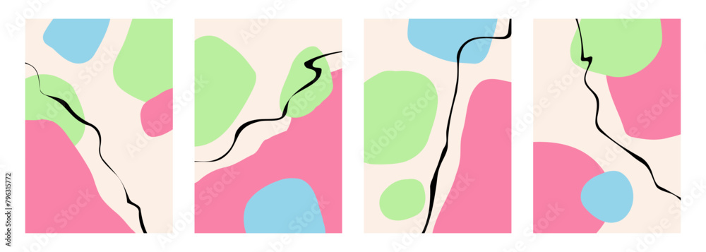 Fototapete Set of abstract backgrounds with various color hand drawn dynamic shapes and black curved lines for creative graphic design. Vector illustration.