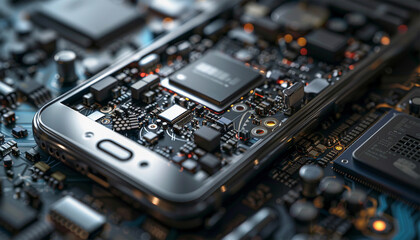 The inside of the smartphone's motherboard and tools lay on the black table. the concept of computer hardware, mobile phone, electronic, repairing, upgrade and technology.. Technician repairing inside