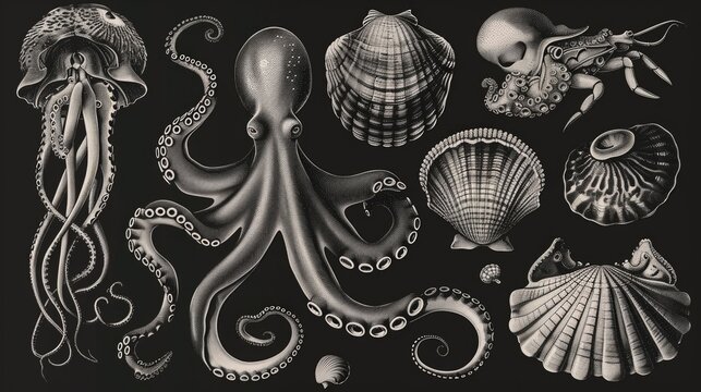 Detailed black and white drawing of various sea creatures. Suitable for educational materials or marine themed designs