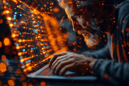An elderly man deeply focused on his laptop, surrounded by an imaginative digital overlay