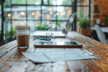 A cozy workspace setting with a laptop, smartphone, glasses, and coffee jar illustrating remote work