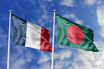 3d illustration. France and Bangladesh Flag waving in sky. High detailed waving flag. 3D render....