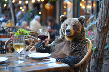 Giant bear drinking wine in a restaurant