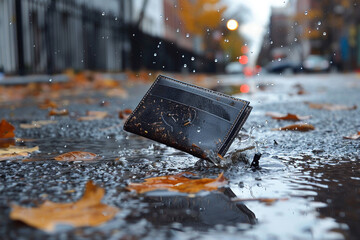 black wallet fall on city street
