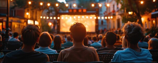 Obraz premium people watching outdoor cinema, big screen show. view from behind. ai generated