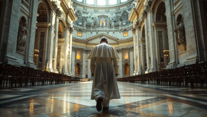 Religious leader pope in chapel praying cathedral catholic church. - obrazy, fototapety, plakaty
