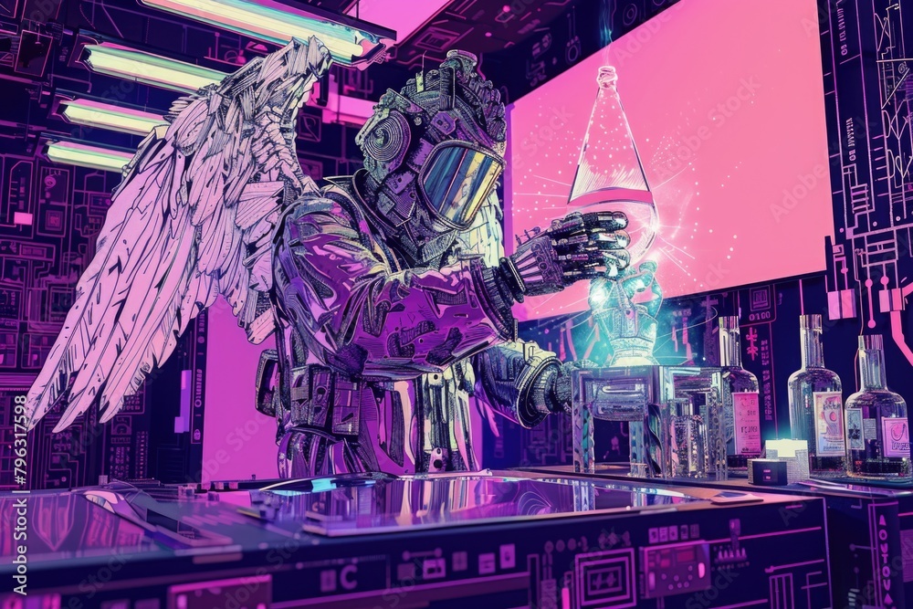 Poster futuristic robot with wings standing at a bar, suitable for technology and entertainment concepts