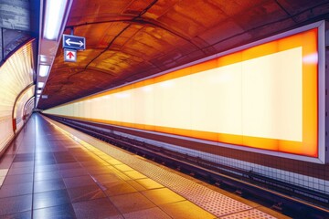 An empty subway platform with a large billboard. Ideal for urban advertising concepts - obrazy, fototapety, plakaty