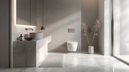 Minimalist Bathroom with Integrated Sink Hidden Tank Toilet and Recessed Shower in Muted Grey Tones