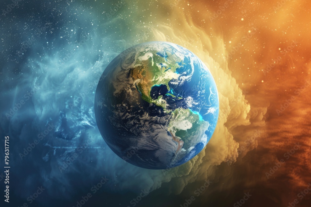 Poster earth planet with sun shining in background, suitable for science or astronomy concepts