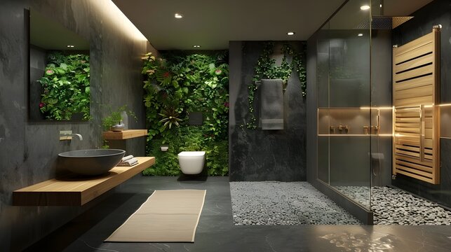 Minimalist Bathroom with Biophilic Design Featuring Green Wall Natural Wood Sink and Pebble Floor Shower for Relaxing Nature Inspired Atmosphere