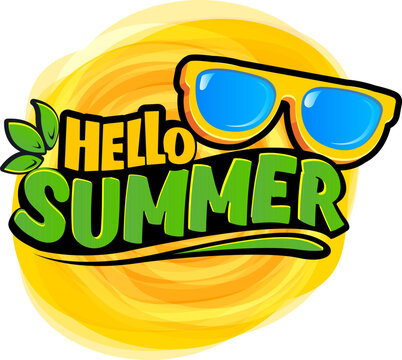 Funky Hello summer vector logo with text and vintage retro yellow sunglasses isolated on background. Hello summer label, icon, print, banner design template with funny cartoon sunglasses, summer vibe