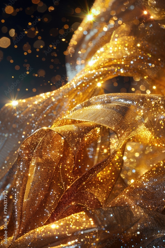 Poster close up of a gold cloth with lights in the background. ideal for luxury and festive concepts