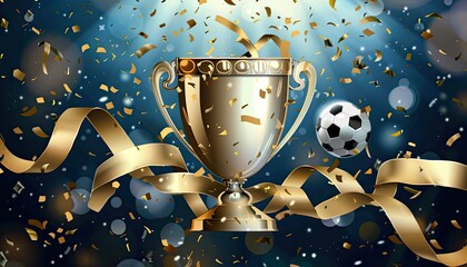  Realistic cup with ribbon and confetti. Football championship in the arena. Vector illustration