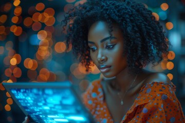 Concentrated woman using a digital tablet with futuristic blue data streams