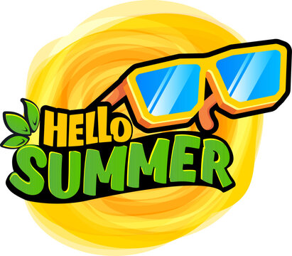 Funky Hello summer vector logo with text and vintage retro yellow sunglasses isolated on background. Hello summer label, icon, print, banner design template with funny cartoon sunglasses, summer vibe