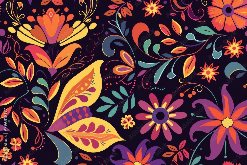 Poster Bright and colorful floral pattern on a dark black background. Perfect for adding a pop of color to any design project