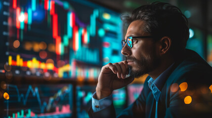Focused businessman analyzing stock market trends on multiple screens in a dark office environment