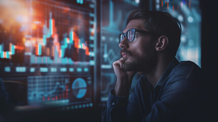 Contemplative analyst with glasses gazing at glowing stock market graphs on a computer monitor in a dark office
