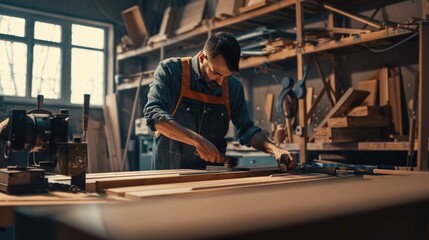 A man is seen working on a piece of wood in a workshop. Suitable for woodworking and craftsmanship concepts
