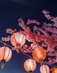 A nighttime scene where a sakura branch is elegantly illuminated by traditional Japanese lanterns