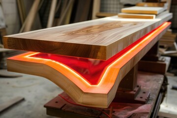 A piece of wood with a red light on it. Suitable for technology concepts - obrazy, fototapety, plakaty