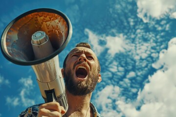 A man holding a megaphone, perfect for advertising campaigns - obrazy, fototapety, plakaty