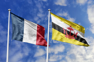 3d illustration. France and Brunei Flag waving in sky. High detailed waving flag. 3D render. Waving...