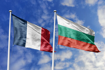 3d illustration. France and Bulgaria Flag waving in sky. High detailed waving flag. 3D render....