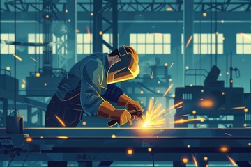 A man welding metal in a factory. Suitable for industrial concepts - obrazy, fototapety, plakaty