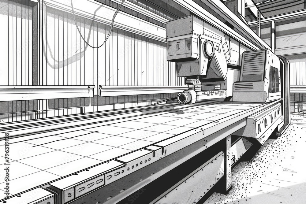 Poster detailed drawing of a machine in a factory, suitable for industrial concepts