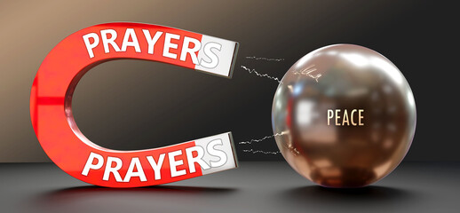Prayers attracts Peace. A metaphor showing prayers as a big magnet attracting peace. Analogy to demonstrate the importance and strength of prayers. ,3d illustration