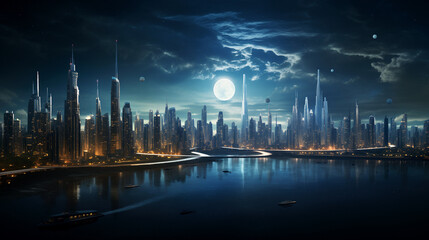 Fototapeta premium sunset over the fabulous city futuristic future architecture