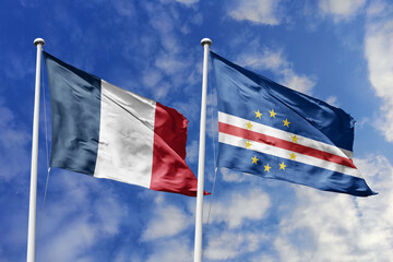 3d illustration. France and Cabo Verde Flag waving in sky. High detailed waving flag. 3D render....