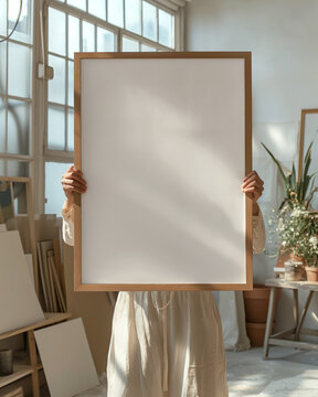 A woman female artist holding a blank wood oak thin framed 20x28, 50x70 art print mockup, in a plant filled artist studio, with dappled sunlight from window