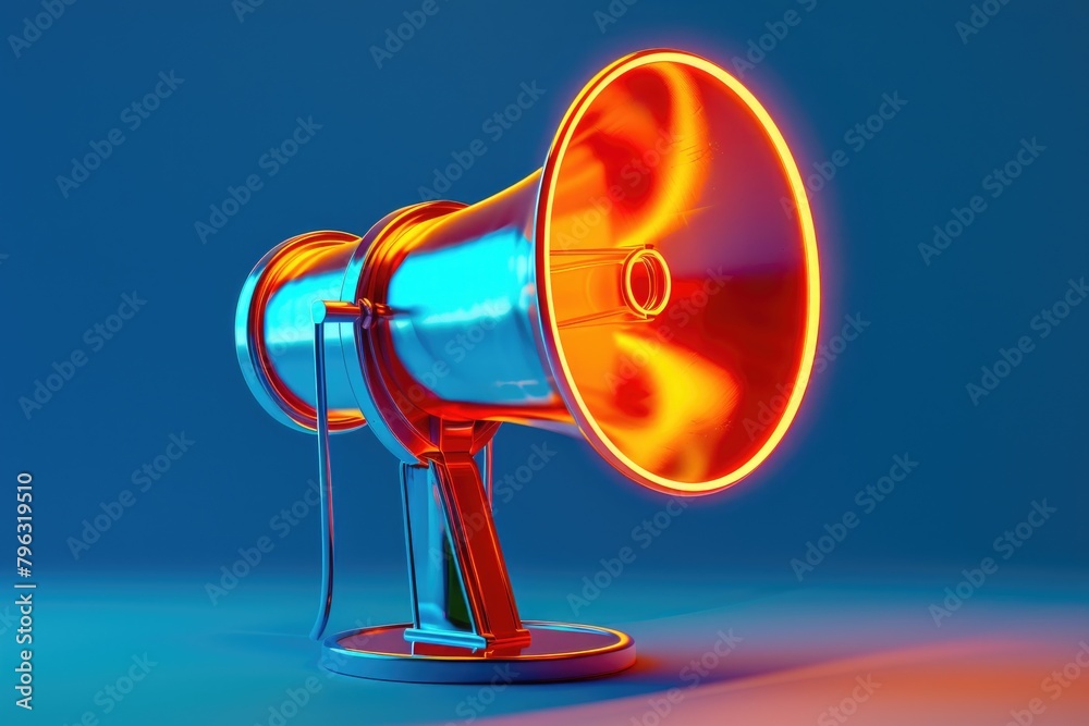 Poster a vibrant blue and orange megaphone on a simple blue background. suitable for various communication 