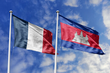 3d illustration. France and Cambodia Flag waving in sky. High detailed waving flag. 3D render. Waving in sky. Flags fluttered in the cloudy sky.