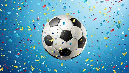 Soccer Ball with Confetti on a Blue Background. Vector illustration