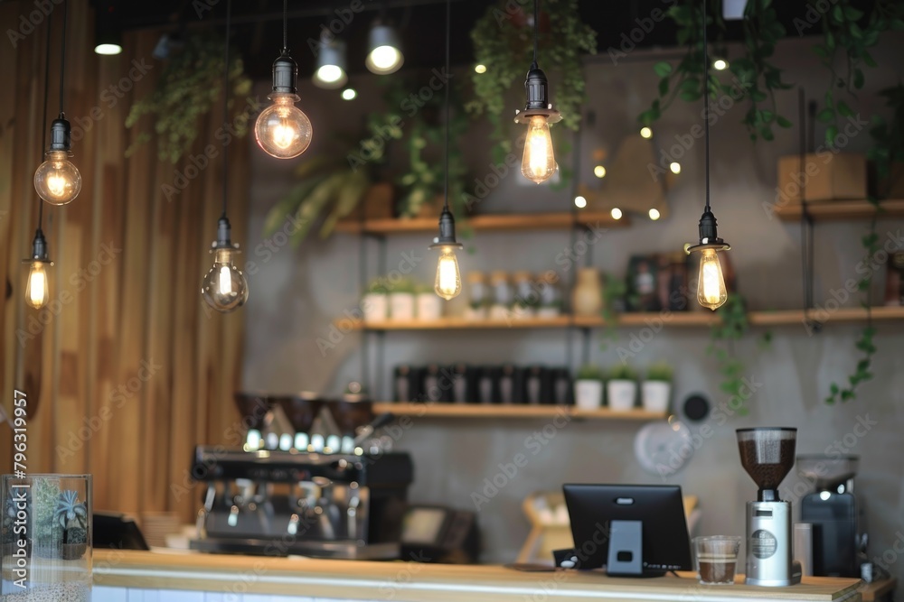 Poster interior of a bar with multiple light bulbs hanging from the ceiling. suitable for interior design c